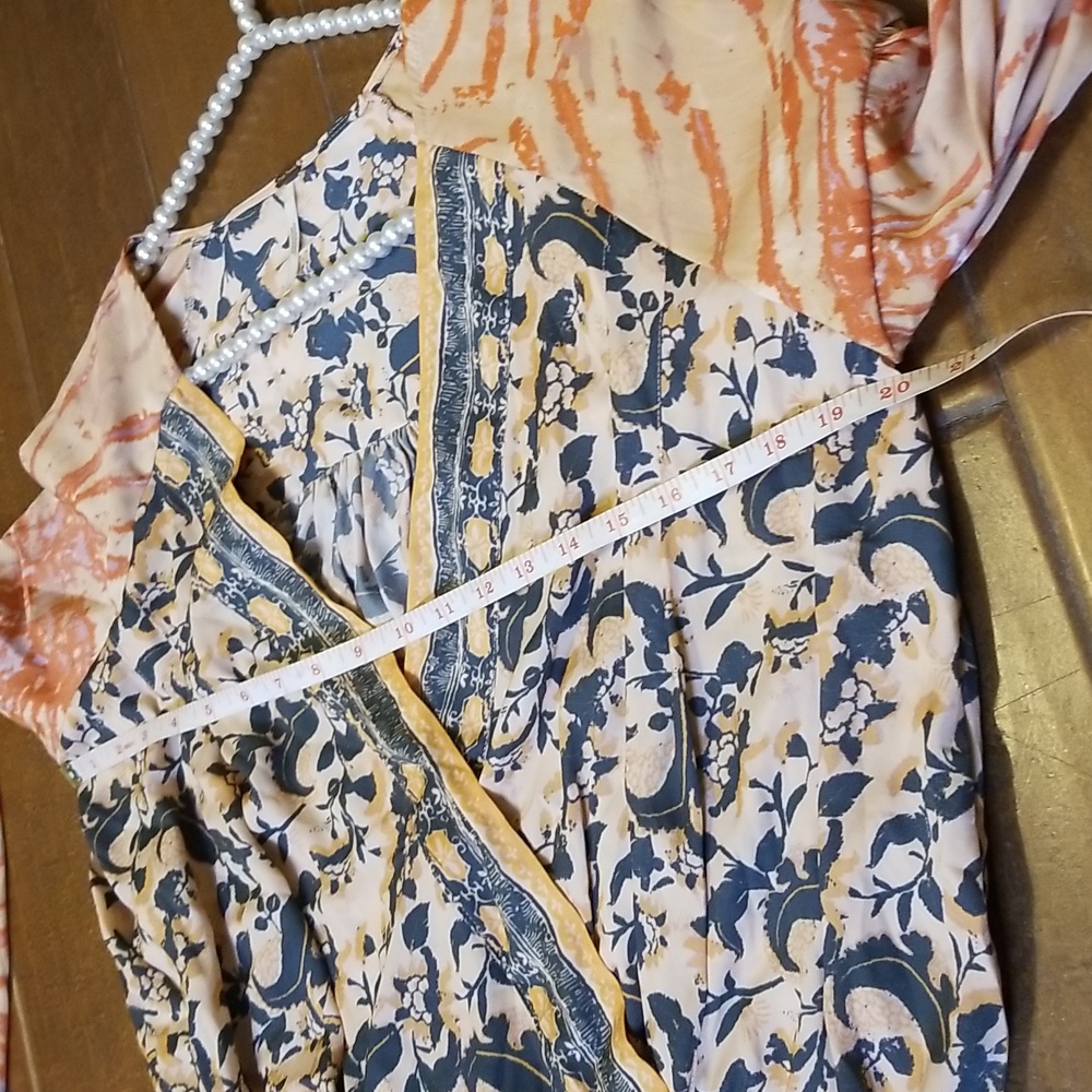 Free People Orange Gray V Neck Flounce Longsleeve Blouse Wrap Printed Shirt Top - Picture 10 of 14